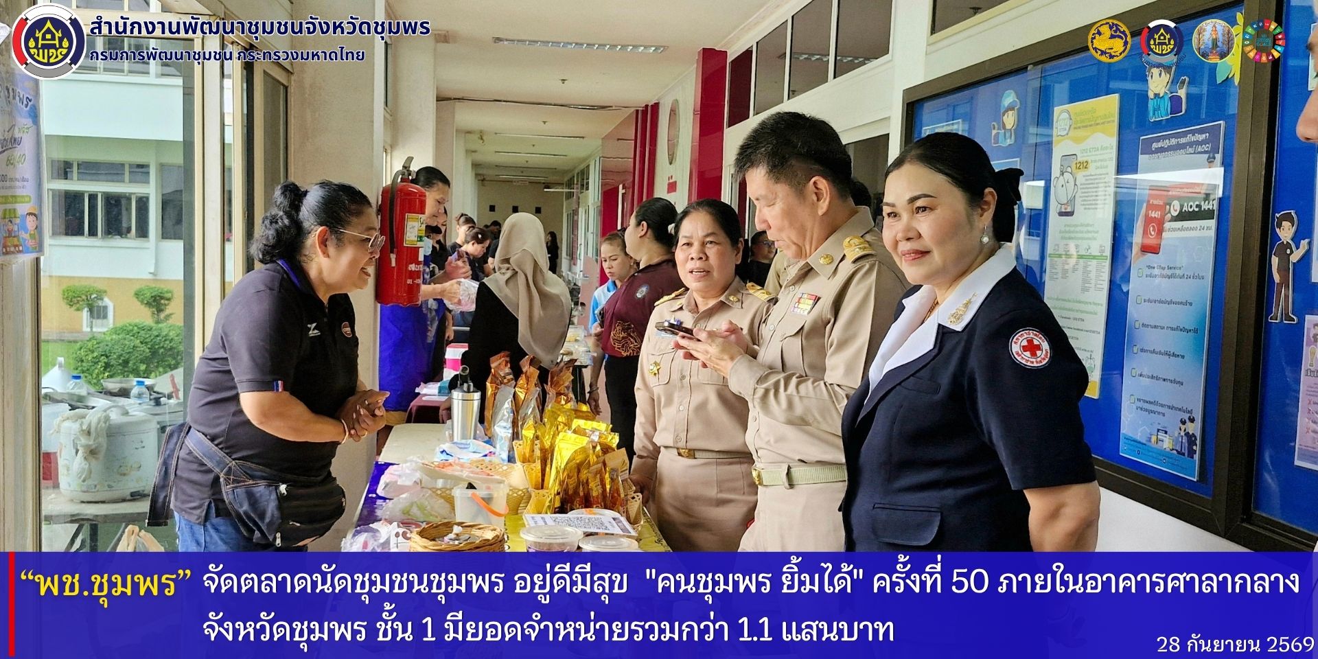พช.ชุมพร​ จัดตลาดนัดชุมชนชุมพร​ อยู่ดีมีสุข​ "คนชุมพร​ ยิ้มได้​ " ครั้งที่​ 50​ ภายในอาคารศาลากลางจังหวัดชุมพร​ ชั้น​ 1​ มียอดจำหน่ายรวมกว่า​ 1.1 แสนบาท