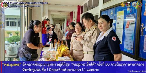 พช.ชุมพร​ จัดตลาดนัดชุมชนชุมพร​ อยู่ดีมีสุข​ "คนชุมพร​ ยิ้มได้​ " ครั้งที่​ 50​ ภายในอาคารศาลากลางจังหวัดชุมพร​ ชั้น​ 1​ มียอดจำหน่ายรวมกว่า​ 1.1 แสนบาท